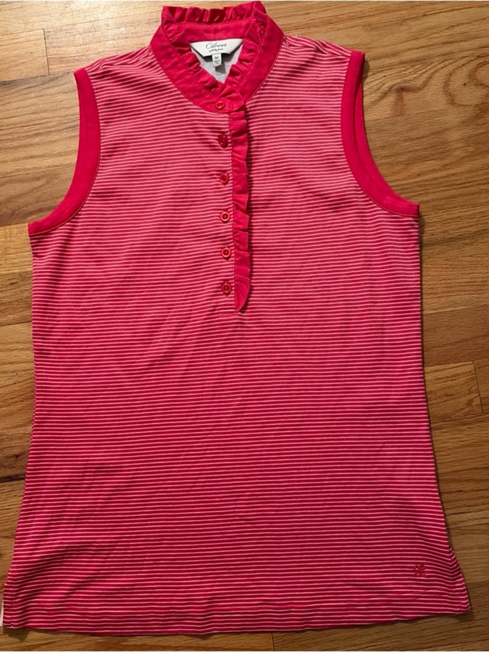 Clover by Bobby Jones Pink and White Striped Sleeveless Ruffle Polo Tank